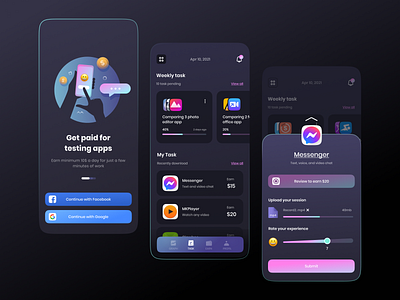 Dark Testing App app application black colorful done experience feedback illustration interface mobile paid payment progress rating review schedule task testing ui ux