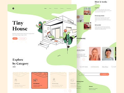 Tiny house landing page exploration app arhitect art colorful cute decoration flower house interior line nature page simple sit table tree web website woman