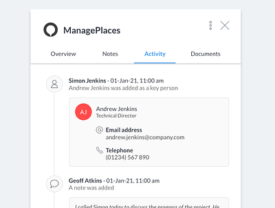 Activity feed for a contact activity feed contact management