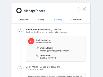 Activity feed for a contact