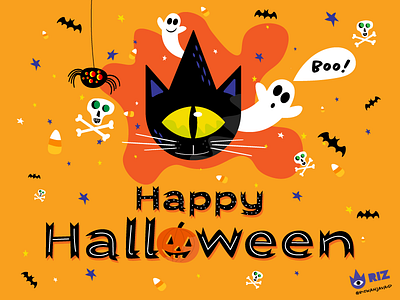 Happy Halloween! 🎃 bats boo cat digital art eye halloween illustration pumpkins riz skulls spiders stars