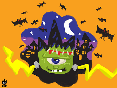 RIZ Logo Halloween Theme - Frankenstein (Finger Drawing) bats frankenstein fun halloween illustration spooky