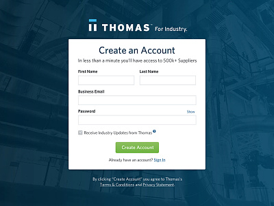 Thomas Registration Page account blue form industrial registration signup ui web design