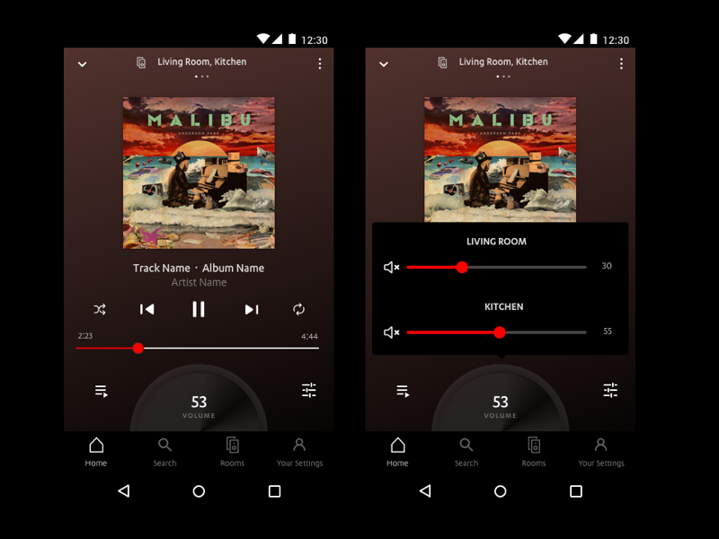 Multiroom - Now Playing music player ui knob volume knob dark ui app multiroom music player