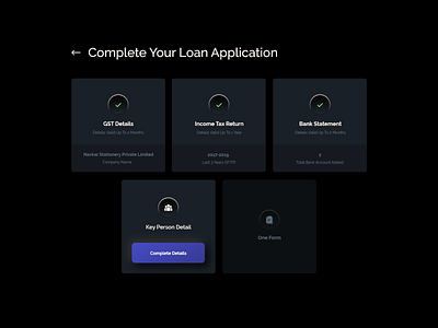 Business Loan Application UI cards ui dark mode dark ui dashboard design finance illustration loan app loans minimalist profile typography