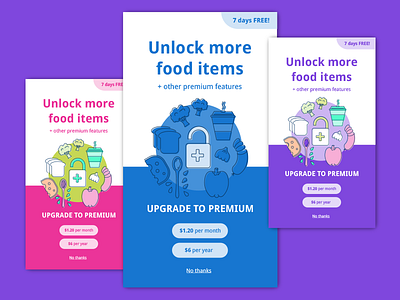 Food App Screens for A/B testing ab testing premium features ui design upgrade prompt upgrade to premium user experience vector illustration