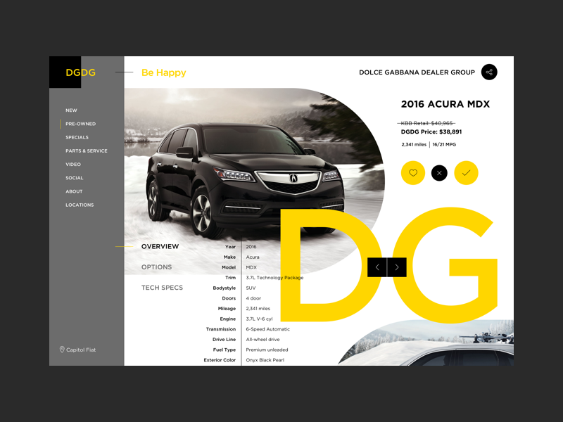 Vehicle Detail Page automotive cars dealership grid icons layout modern round sleek snow ui vehicle