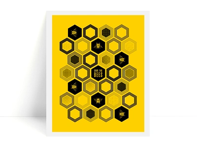 Save the bees! bees color design halftone hexagon hive illustration pattern poster poster design shapes texture typography poster yellow