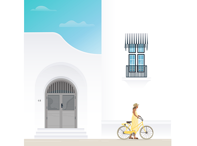 Yellow Bicycle bicycle daylight door illustration street white white building window yellow