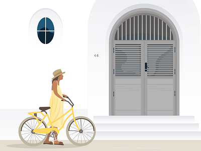 Yellow Bicycle version 2.0 blue calm city door illustration serenity white white townhome window