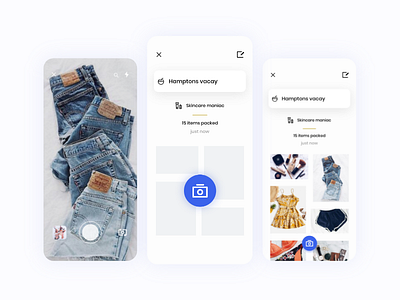 Packing list for AR packing app app blue camera grid ios masonry packing photo app photo grid travel app ux design ux ui white