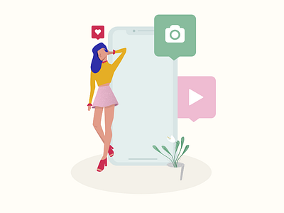Mobile Phone Social Media Girl Illustration 100 day challenge app blue fashion female flat flower green illustration iphone landing page media mobile people phone pink plant red social yellow