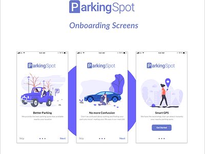 parking Spot Logo + onboarding screens app art identity mobile o logo onboarding ux ux ui