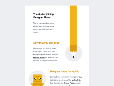 Designer News Welcome Email email flat illustration minimal pencil robot yellow