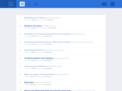 Designer News blue clean flat homepage interface list minimal news simple ui