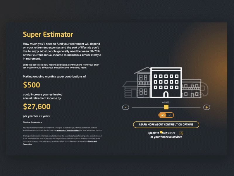 Sunsuper Retirement Income Estimator calculation dark dashboard data design information design interactive scale slider sliding scale website