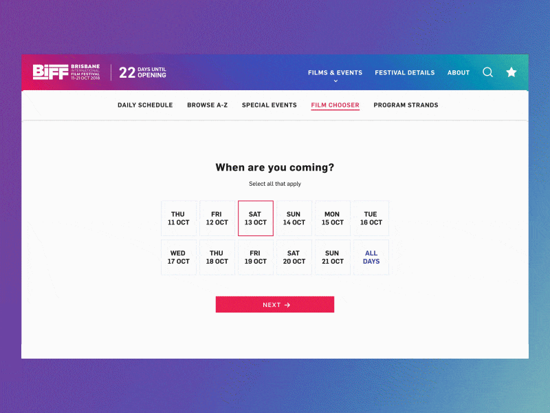 BIFF Film Chooser desktop design film festival micro interaction questionnaire ui web design website