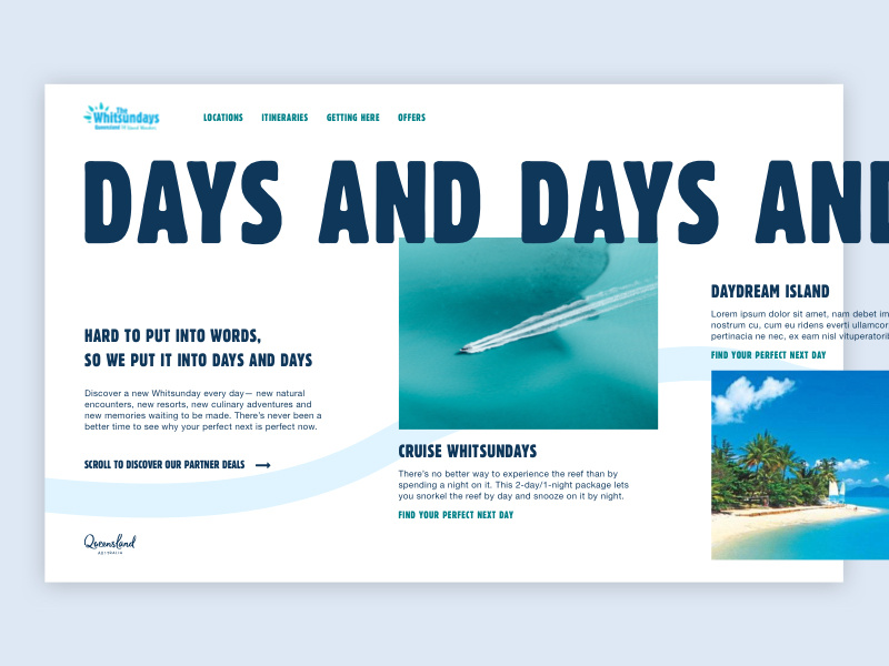 Whitsundays Landing Page grid design whitsundays queensland tourism website horizontal scroll desktop ui design landing page web design website