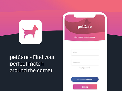 petCare adobe xd adopt adoption app around care future gradient icons illustration iphone iphone x location love pet puppy sign in ui ux web