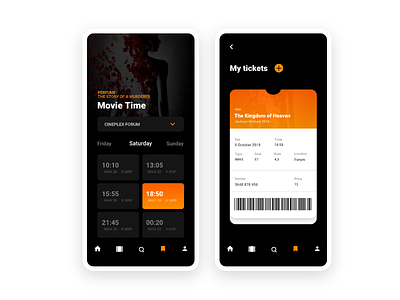 Movie App - 3 black interface mode night orange popcorn product select tickets trendy ui