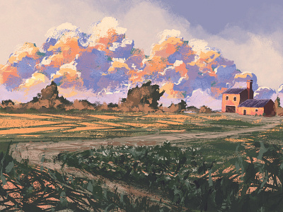 A cloudy afternoon clouds colorful digital drawing illustration landscape