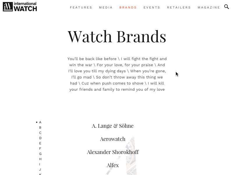 iW brand index page brands gif heart index letters love marquee modal overlay scroll typography watch