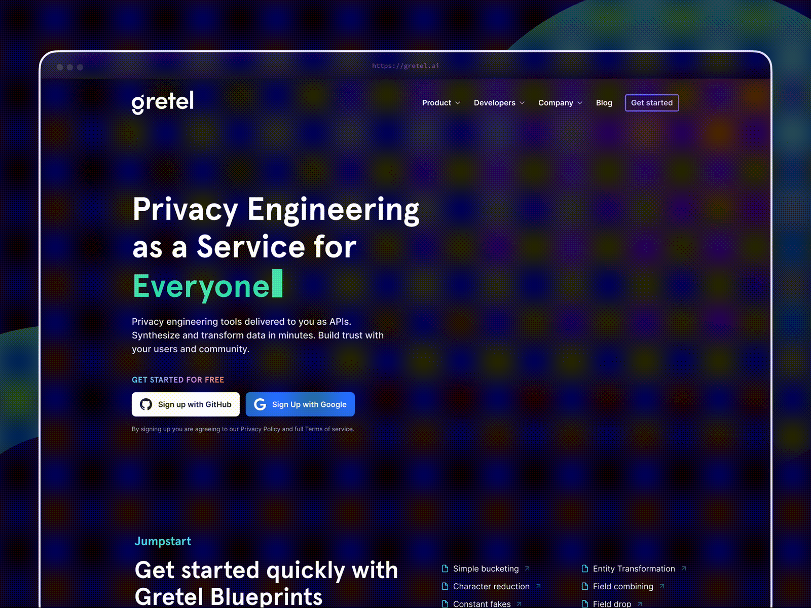 Gretel.ai Homepage data hero landing page sign up