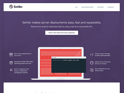 Settler website computer illustration landing page purple red server settler terminal