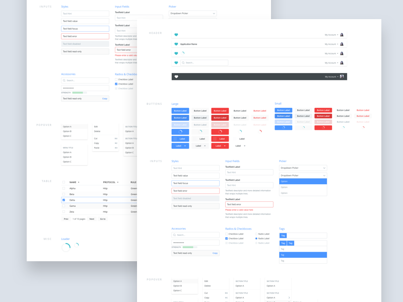 Internal component library blue red inputs form buttons components styleguide