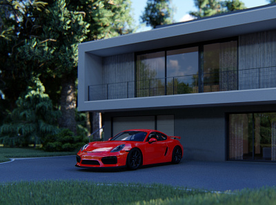 Beautiful Porsche Cayman GT4 3d artist architect branding c4d cayman forest location modern house porsche visualization