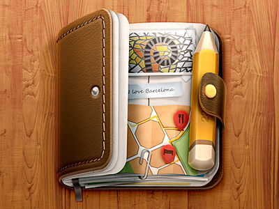 Journal iOS Icon barcelona icon ios iphone journal leather map paper pencil stitches travel wood