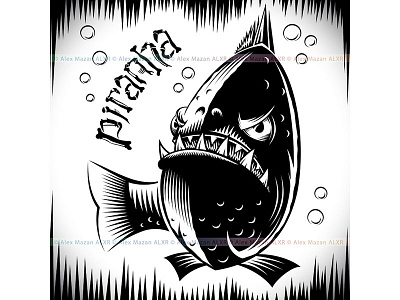 Fish Piranha Ink Hand Drawing Tattoo Print Character Cartoon agression black and white cartoon character fish hand drawing illustration ink marine monochrome piranha predator