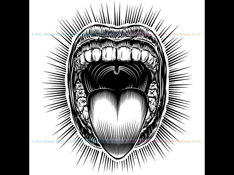 Mouth open tongue scream vintage ink hand drawing monochrome drbbb