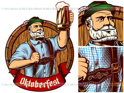 Vector Oktoberfest Man Bavarian Beer Glass Barrel Engraving