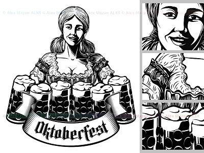 Bavarian Oktoberfest Girl Waitress Beer Glass bavarian beer black and white cartoon character hand drawing illustration oktoberfest retro vector