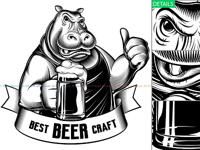 Hippopotamus Beer Glass Craft Thumb Emblem Engraved Ink beer black and white cartoon character hand drawing hippopotamus illustration oktoberfest print design retro vector