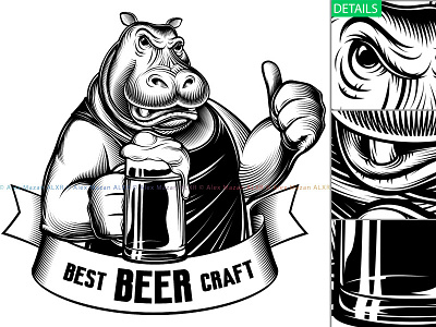 Hippopotamus Beer Glass Craft Thumb Emblem Engraved Ink