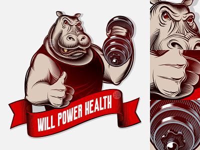 Hippo Gym Mascot Will Power Health Thumbs up bodybuilder cartoon character design engraving fitness gym hand drawing hippo illustration logo mascot print sport vector