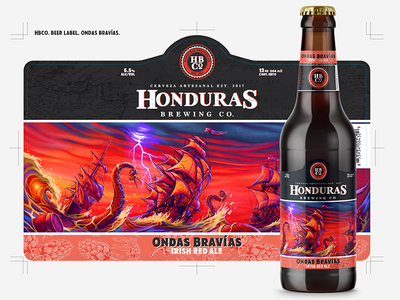 HBCo Beer label, Ondas Bravías beer bottlecap brandmarks brewery brewing craft beer glass graphics honduras honduras brewing hops vectors
