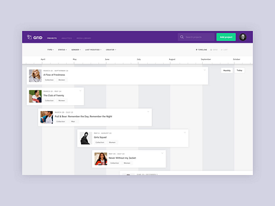 GRID CMS - Timeline View animation cms content management system date grid interaction interface design project management purple timeline ui ux user interface user interface experience