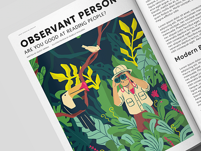 Magazine article article bird bird watcher character design editorial flat art illustration jungle magazine plants