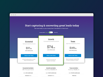 Pricing page cards gradient highlight price