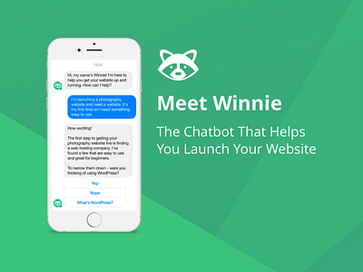 Meet Winnie The Web Host Chatbot chatbot geometric green icon messenger mobile raccoon