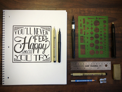 Be Happy hand drawn ink pen quote sketch type