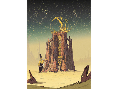 The Cathedral cathedral character desert fantasy guardian moebius mountains rock sci-fi sky stars stone sword
