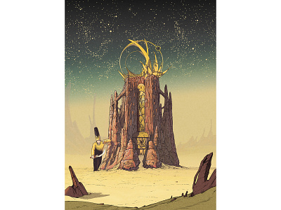 The Cathedral cathedral character desert fantasy guardian moebius mountains rock sci fi sky stars stone sword