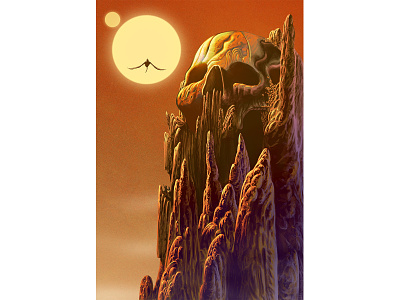 The Keeper cave dragon fantasy moebius moon mountain sci-fi skull sky sun