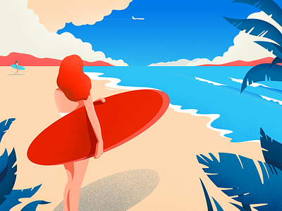 Vacation station beach colors dreaming girl illustrator landscape material noise ocean sea summer sun surfing vacation vector