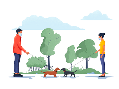 Keep your distance character colors coronavirus dogs illustration landscape material noise quarantine stroll vector