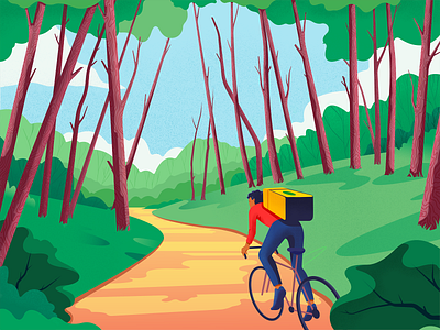 Delivery Man character colors courier cyclist delivery delivery service editorial illustration landscape light vector wood